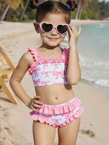 Young Girls Bikini Sets: A Set Of Cute Multi-Color Pink Bow-Patterned Knitted Fabric Tops With Lace Shoulder Straps And Bottom Hem Lace For The Pants. It Consists Of Two Pieces, A Separate Top And A Triangle-Shaped Bottom. It Is Fashionable, Casual, Exquisite And Elegant, Suitable For Swimming, Summer Vacations, Beach, Seaside, Swimming Pools, Swimming Pools, Summer Holidays, Party And Leisure Vacations. - Pink - View 3