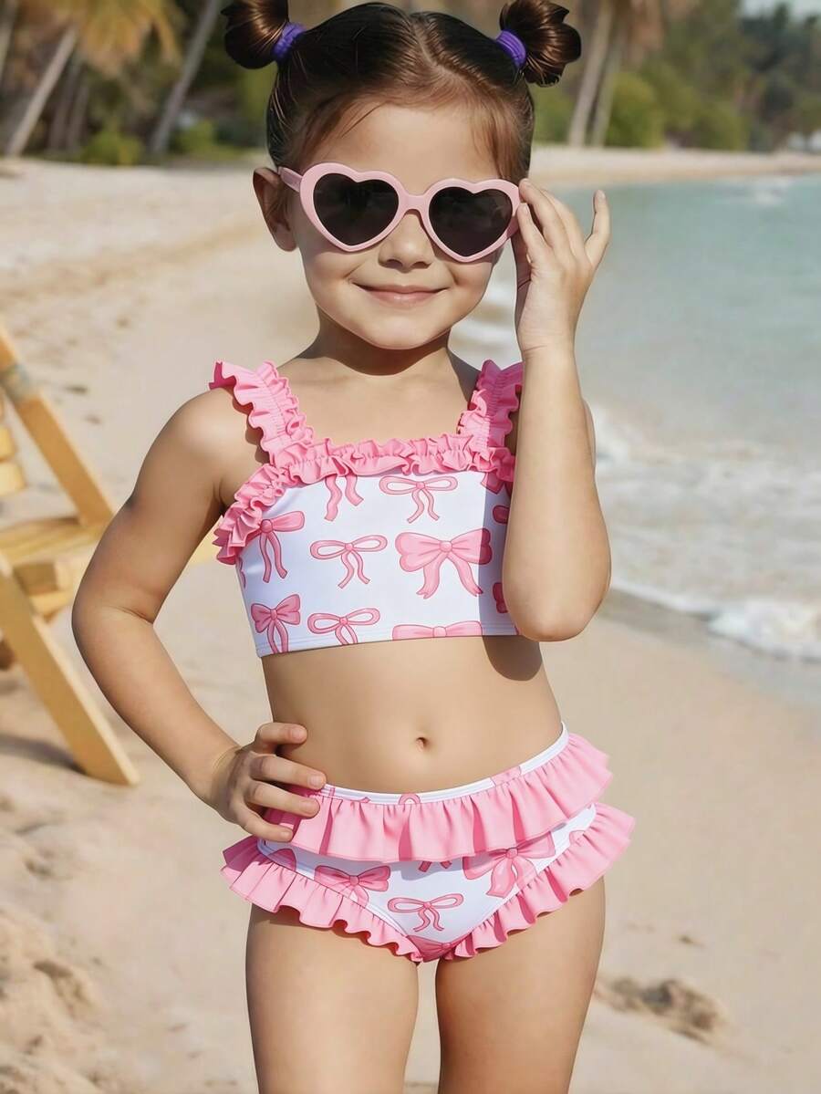 小女孩粉色蝴蝶结花卉边饰泳衣套装，夏季海滩 - 粉色 - 查看 1
