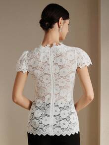 Anewsta Women's New Lace Patchwork Hollow Elastic Lace Floral Fitted Blouse, Suitable For Mother's Day, Spring/Summer - White - View 4
