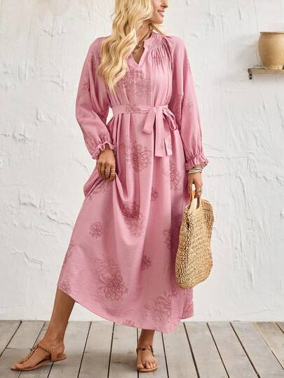 Breezaya ‌Women's Pink V-Neck Cap Sleeve Lantern Midi Dress – Self-Tie Waist With Vacation Floral Print | Flowy Spring-Summer Long Dress For Beach, Resort & Office Wear