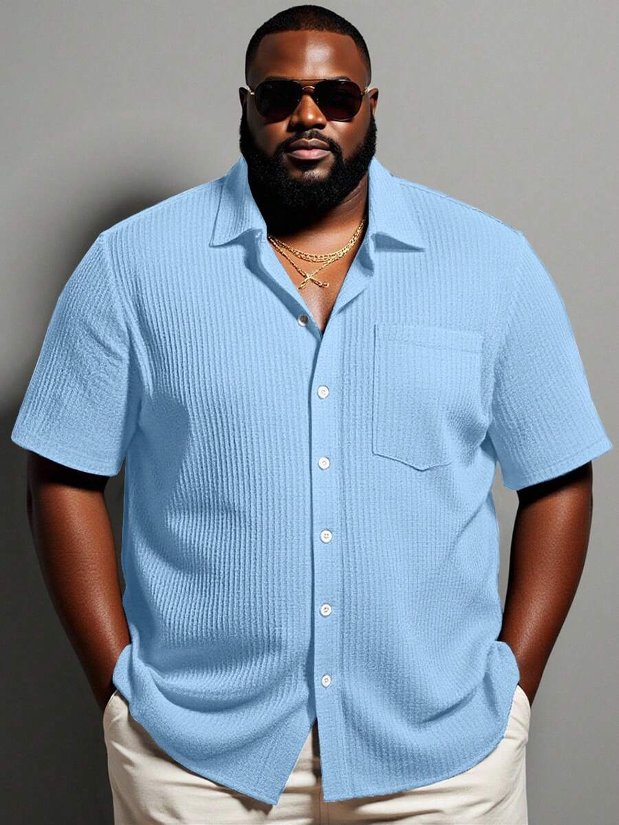 Manfinity Homme Áo sơ mi nam cỡ lớn, màu trơn, cài một hàng khuy, tay ngắn, kiểu dáng thường ngày, có túi. - Màu xanh nhạt - Xem 1