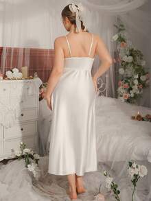 DelicateAllure Romantic Lace Patchwork Asymmetrical Ruffle Hem Sexy Satin Slip Dress, Plus Size, Suitable For Wedding Season - White - View 3