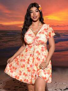 SHEIN EZwear Cherry Print Elastic Ruched Waist A-Line Plus Size Dress, Spring/Summer - Orange - View 6