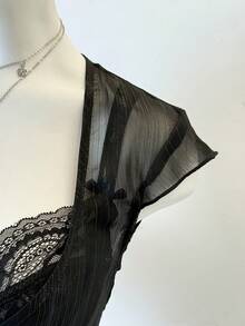 Jeanoix 女士条纹宽领可爱蝴蝶结修身休闲衬衫 - 黑色 - 查看 5