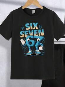 2pcs/Set Tween Boy Black Summer Casual City Break Fashionable Numeric 67,Slogan Graphic Print Short T-Shirt And Shorts Suit,Comfortable Daily Wear - Black - View 5