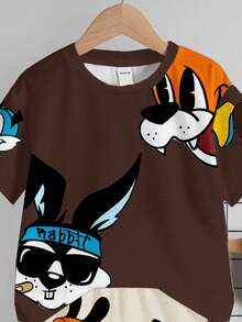 2pcs/Set Young Boy Casual Minimalist Cartoon Rabbit Print Short Sleeve T-Shirt And Shorts, Suitable For Summer - Multicolor - View 6
