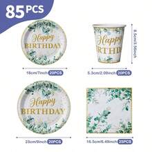 Bộ chén đĩa, khăn ăn và cốc dùng một lần họa tiết lá và viền vàng mừng sinh nhật, phục vụ 20 người. Bộ đồ dùng tiệc dùng một lần này (bao gồm đĩa, khăn ăn và cốc) rất phù hợp cho các bữa tiệc sinh nhật, đám cưới và dã ngoại gia đình. - Xem 7