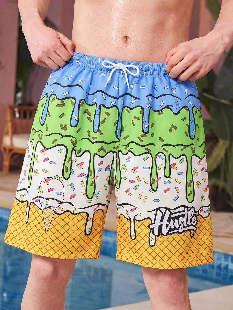 一件青少年男童泳衣，冰淇淋、糖屑和华夫格印花，蓝色、荧光绿、米色、黄色底色，梭织面料，时尚休闲，清爽舒适，适合游泳、夏季度假、海滩、泳池派对等场合。 - 彩色 - 查看 1