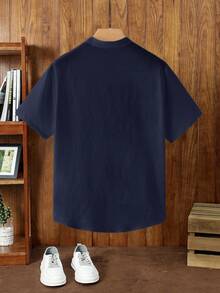 HIMLAND 男士纯色短袖纽扣休闲衬衫 - 藏蓝色 - 查看 2