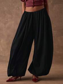 SHEIN BAE Quần Harem ống rộng, cạp chun, màu trơn dành cho nữ - màu đen - Xem 5