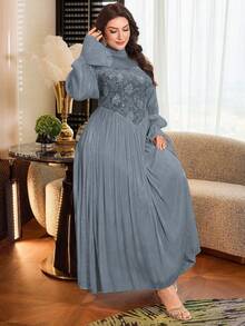 Modelyn Đầm nữ cỡ lớn họa tiết hoa, thời trang tối giản, thanh lịch, thắt eo. - Màu xanh bụi bặm - Xem 7