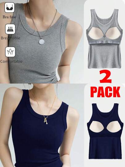 SHEIN Essnce Atacado feminino 2 peças de tops com nervuras grossas, cor sólida, corretivo, sem mangas, camada, roupa íntima, regata