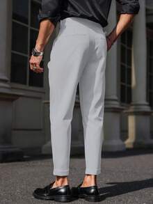 Manfinity Mode 男士简约纯色通勤斜插口袋锥形休闲裤 - 淺灰色 - 查看 2