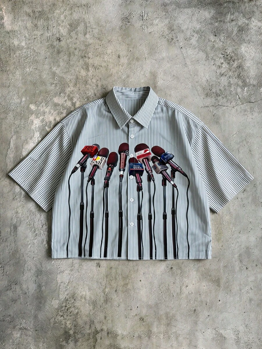 ROMWE MEN 男士麦克风印花条纹短袖衬衫，复古街头风 - 白色 - 查看 1