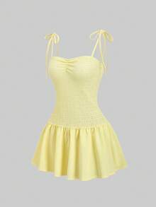 SHEIN Sweetro Đầm hai dây xếp ly xoắn màu trơn dành cho nữ, thích hợp cho mùa xuân/hè. - Màu vàng - Xem 1