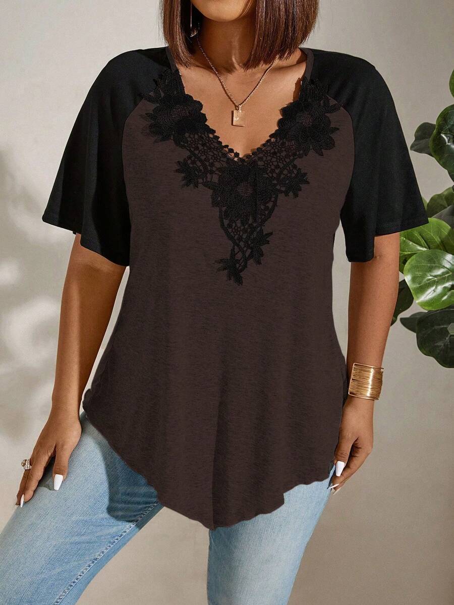 Momelise Plus Size Women's Lace Spliced Color-Block T-Shirt Graphic Tees Women Tops - Mocha Brown - View 1