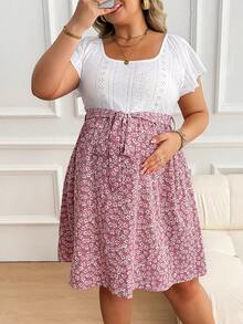 Plussiva Maternity Plus Size Casual Ditsy Floral Patchwork Dress - Pink - View 7