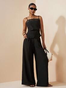 Zivah 春夏新款音乐节、复活节、圣帕特里克节、情人节、约会、西部风、游牧风、生日派对、毕业典礼、学院风、学生装、日常穿着、基础搭配、休闲装、度假、邮轮旅行、海滩、日光浴、爆款、街头风、婚礼宾客、通勤族、早午餐、机场、派对、假日郊游、办公装、黑色蕾丝边褶皱吊带上衣和长裤、带口袋的黑色亚麻西装 - 黑色 - 查看 11