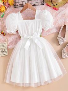 SHEIN Glamorique Kids Vestido de princesa blanco con cinturón de flores para niña, vestido de florista de manga corta y corte evasé con volumen, vestido ligero para ocasiones festivas - Blanco - Ver 2