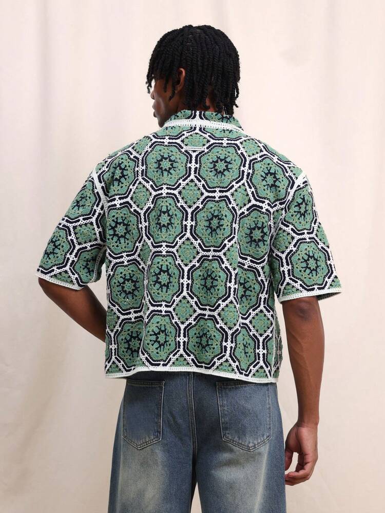 メンズ 半袖リゾート クロシェ ニット ボタン前開き 幾何学柄 夏休み カジュアルシャツ トロピカルビーチウェアトップス