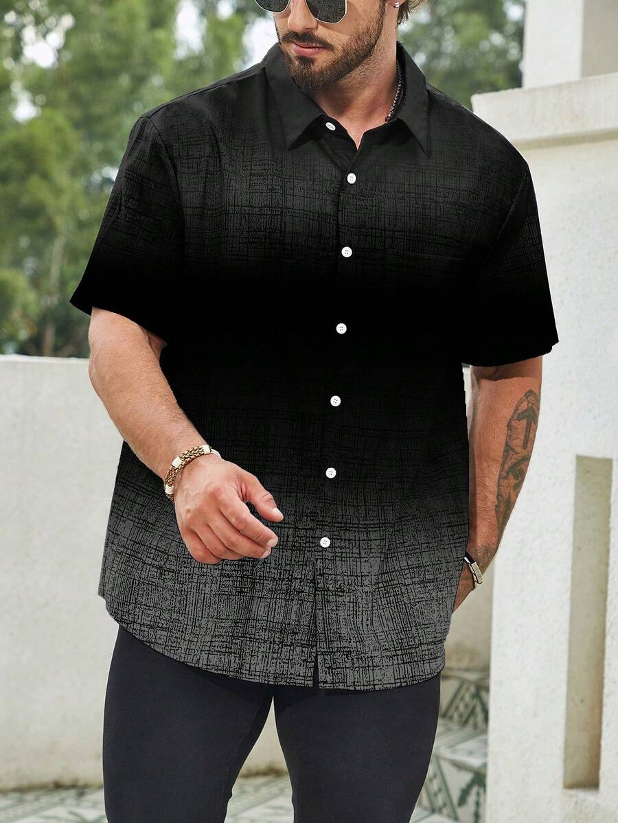Genlund Plus Size Men's Casual Ombre Print Short Sleeve Shirt, Summer, Holiday - Multicolor - View 1