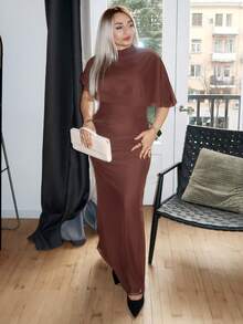 salliqueen Elegant Minimalist Commuter Fashion Elastic Waist Design Multilayer Ruffle Waist Ruffle Flattering Long Dress, Suitable For Work, Date, Vacation,Dresses For Women Elegant - Coffee - View 3