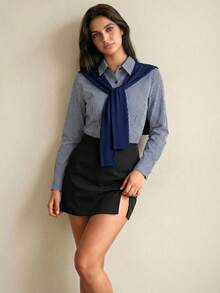 Almamuse Women's Fashionable Plaid Long Sleeve Shirt + Shawl Collar Cardigan Paired With Versatile Split Hem Shorts Skirt 2 Pieces Set, Stylish Autumn Outfit - Multicolor - View 3