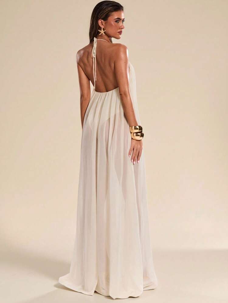 SHEIN BAE Women's Halter Metal Decor Dress, Cream White Solid Color Summer Casual Beach Vacation Holiday Island Long Dress