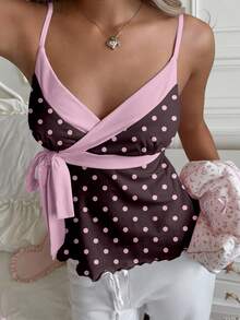 CovetEZ Women's Retro Contrast Polka Dot Print Tie Front Camisole, Suitable For Outings, Street Style, Chic, Y2K, Beach Vacation - Multicolor - View 5