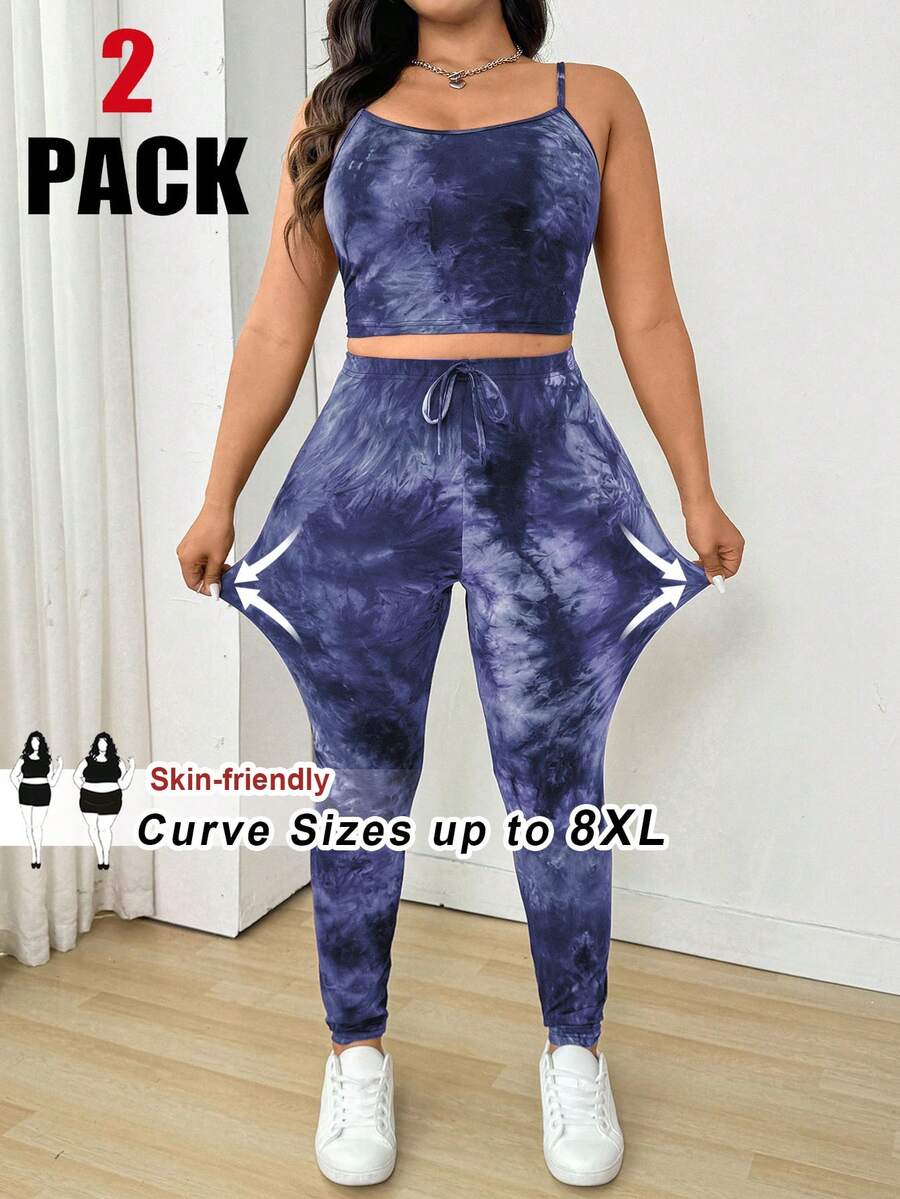 SHEIN CURVE+ Tuta casual da vacanza all'aperto a due pezzi con stampa Tintura a nodi, taglie comode - Multicolore - Visualizzare 1