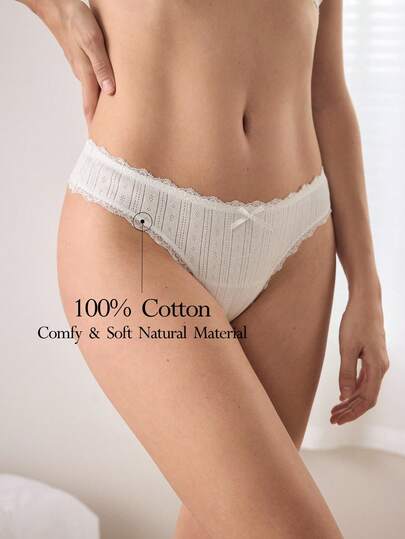 Ocili Women's Cotton Knit Jacquard Comfortable Contrast Lace Bow Decor Thong Panties