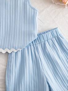 Elladie kids 女童（小号）纹理面料撞色下摆无袖上衣和休闲短裤T恤套装 - 藍色 - 查看 5