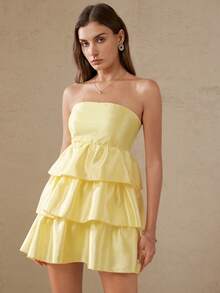 BELROSIE Robe mini bustier vintage de station balnéaire en tissu satin brillant, minimaliste, ajustée, à plusieurs couches, avec jupe bouffante - Jaune citron - Voir 3