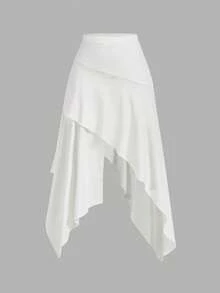 SHEIN MOD 女士纯色不对称下摆休闲百搭迷你裙，夏季 - 白色 - 查看 5