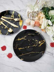 一套可重复使用的黑金陶瓷派对餐盘/餐盘（7.5英寸和10.25英寸），适用于宴会和开胃菜 - 非常适合派对、婚礼、生日和餐饮活动（圣诞节/情人节/母亲节），婚礼用品，活动餐具，时尚餐盘，优雅餐具，轻便，适合家庭聚会和餐饮服务。 - 黑色 - 查看 5