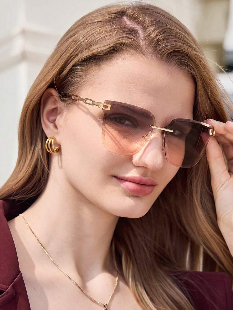 Visivana 1 Stück Damen Metall quadratische randlose Sonnenbrille mit Farbverlauf und Cut Out Bügel, retro elegant europäischer Stil, geeignet für Urlaub, Reisen, Partys, Strandaccessoires für Damen Sonnenbrillen, modische, elegante Accessoires für Familienausflüge, Reisen, Urlaub, Sommer, Strand, Outdoor, Reisen - Ombre - Übersicht 2