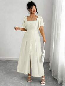 Roveilla 大码纯色荷叶边方领收腰连衣裙 女式方领连衣裙 象牙色大码连衣裙 优雅奶油色连衣裙 女式奶油色连衣裙 女式奶油色连衣裙 大码女式奶油色连衣裙 正式女式连衣裙 优雅经典 - 杏色 - 查看 5