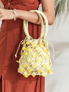 SHECARRY Una bolsa de cuerda de red de pescado beige calada/bolso de hombro/bolso de mano para mujeres, decorada con lentejuelas y brillo, adecuada para vacaciones de primavera y verano en la playa, fiestas en la playa y citas. - Beis - Ver 2