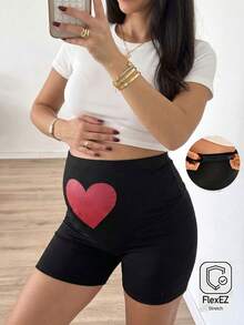 SHEIN Leggings casuales con estampado de corazón y cintura ajustable para mujeres embarazadas - Negro - Ver 1