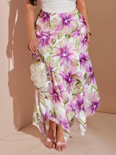 SHEIN BAE Plus Size Women Purple Floral Print Asymmetric Hem High Waist Skirt,Chiffon Long Skirt With Irregular Hem,Summer Outfit For Women Floral Maxi Skirt Floral Skirt Tropical Skirt Flower Skirt