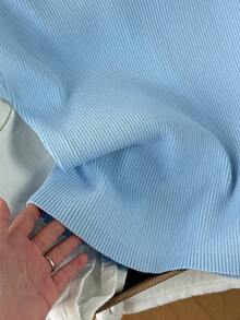 Lyxana Blusa de punto azul con decoración de perlas en el cuello y los puños, estilo casual y lindo Y2K para vacaciones de verano, fiestas, discotecas, citas, festivales de música y ropa de calle - Celeste - Ver 4