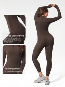 GLOWMODE 24 英寸 FeatherFit™-Air Glow Giver 柔软透气吸汗前拉链罗纹侧板轮廓接缝拇指孔深 V 形后背接缝可拆卸罩杯长袖连体衣低冲击日常运动服 - 肉桂靈感 - 查看 6