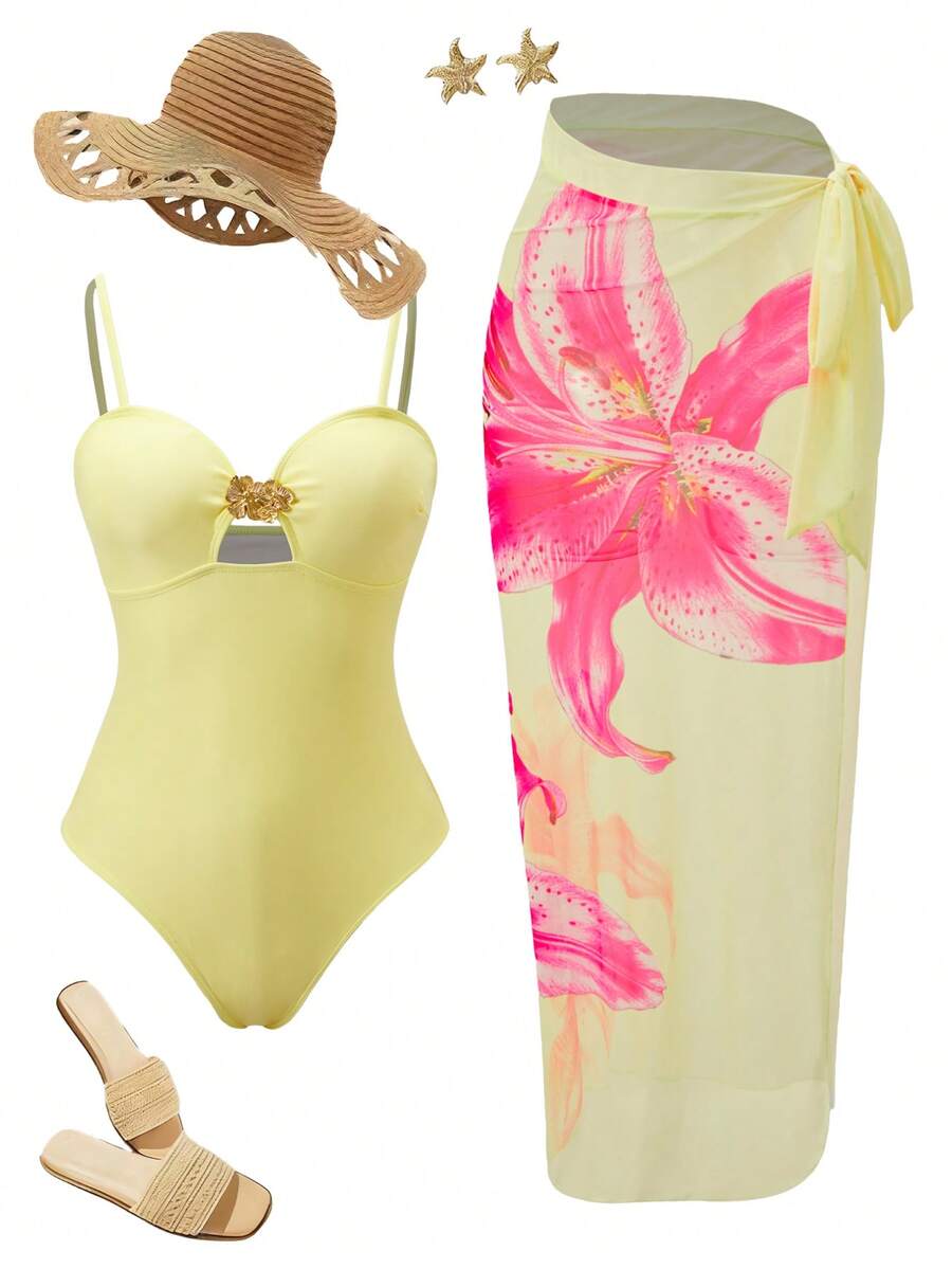 Swim Oasis 女士绿松石色花卉金属扣露背扎染印花浪漫优雅高端连体网纱连衣裙套装，两件套，春夏 - 彩色 - 查看 1