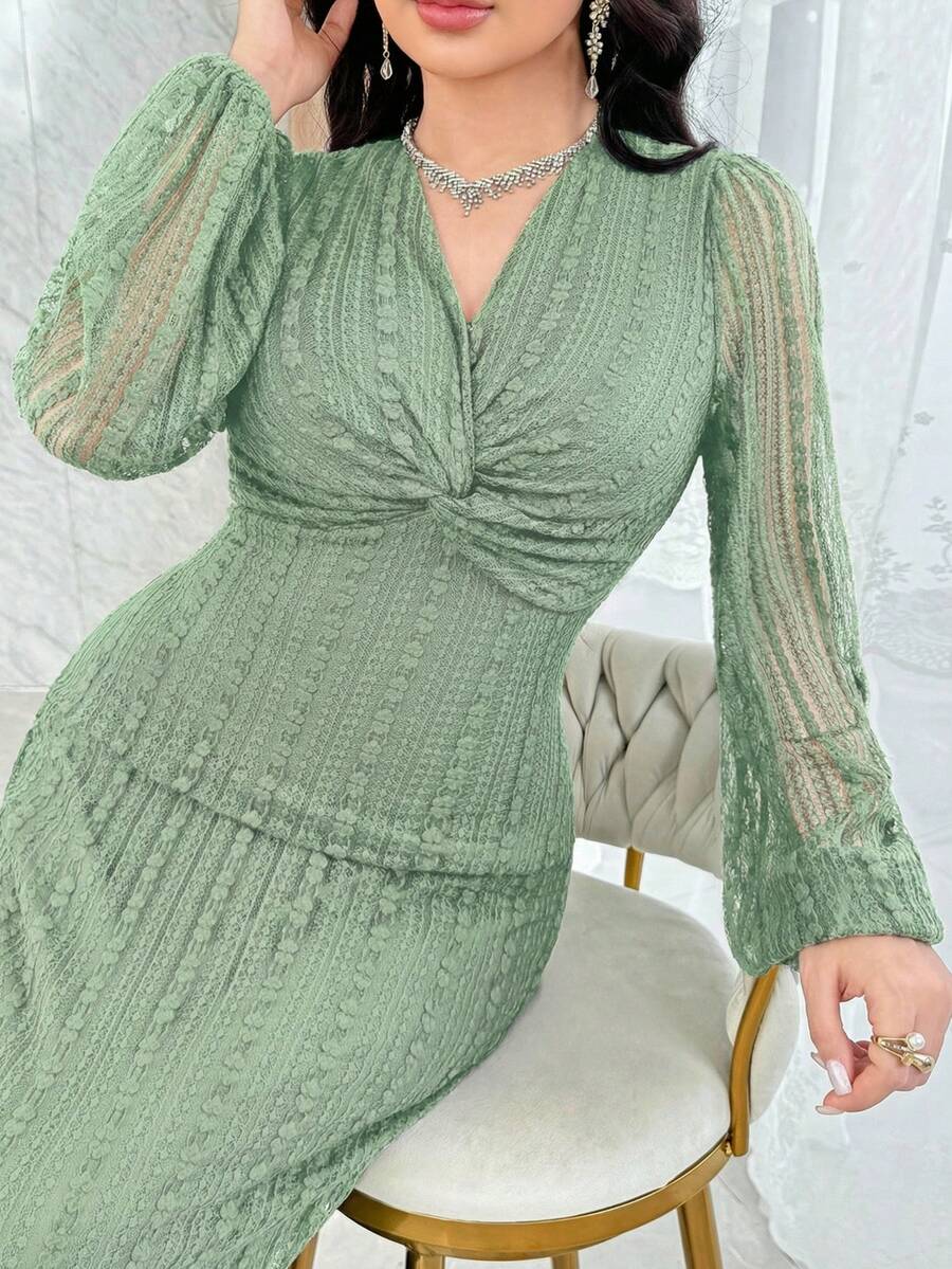 Feyla 女士V领扭结设计灯笼袖优雅长裙 - 綠色 - 查看 1