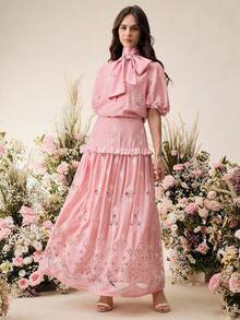 Anewsta Spring/Summer New Romantic Vacation Style Bowknot Hollow Embroidered Blouse + High Waist A-Line Hollow Embroidered Skirt 2-Piece Set For Women - Pink - View 4