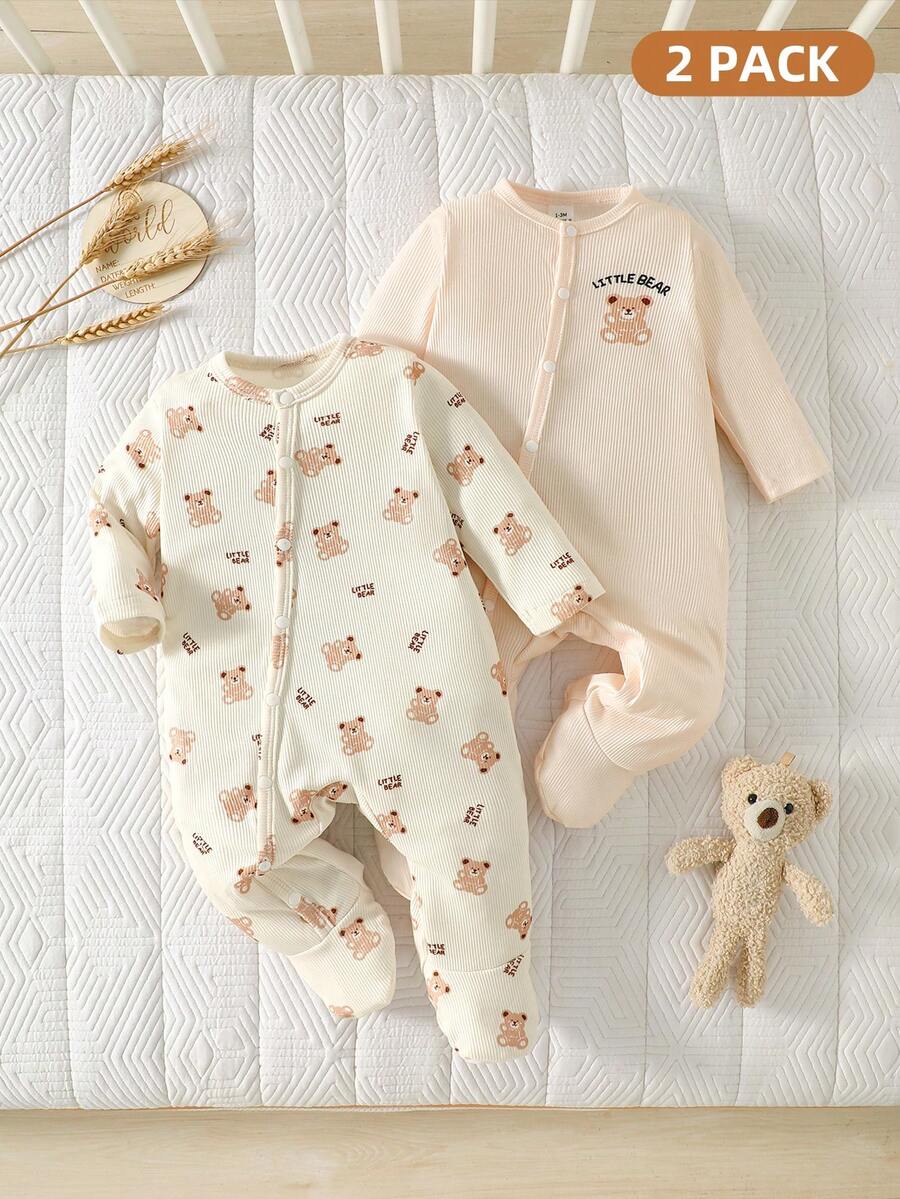 SHEIN Bộ 2 món áo liền quần cho bé sơ sinh, unisex, in hình gấu nâu, tay dài, cổ tròn, thích hợp cho mùa xuân và mùa thu. - Màu vàng - Xem 1
