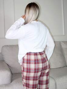 salliqueen Damen Lässig Alltags Zuhause Weihnachten einfarbig Rundhals Langarm Schleifen Muster & rotes kariertes Kordelzug Hose 2 Stücke Pyjama Set, Herbst/Winter - Rot-Weiß - Übersicht 3