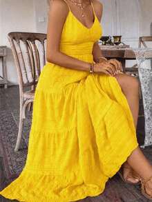 EMERY ROSE Plus Size Yellow Sleeveless Cami Dress Boho Tiered Ruffle Hem Long Sundress - Yellow - View 4