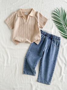 SHEIN Vintaside Kids 男童休闲翻领短袖上衣搭配时尚水洗牛仔裤套装，适合日常穿着、家庭露营、外出就餐或购物。 - 杏色 - 查看 9