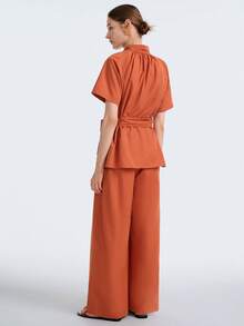 Aalyst 2 pezzi Set top a maniche corte con colletto arricciato e vita con laccio + pantaloni lunghi, adatto per appuntamenti, tè pomeridiano, laurea, pendolarismo - Arancione - Visualizzare 2